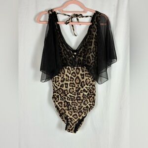 Leopard Print One-Piece Swimsuit with Black Mesh Capelet from ModCloth